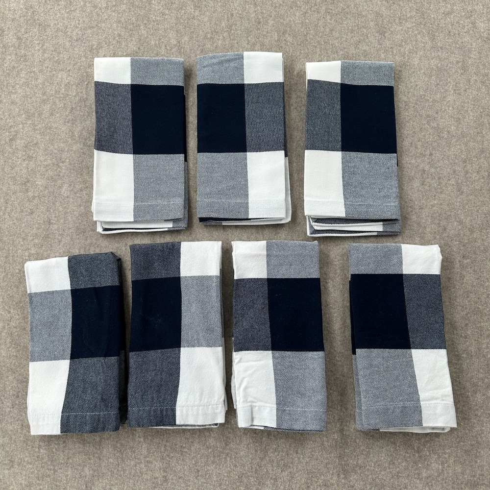 Pottery Barn Blue Plaid 100% Cotton Napkins Set Of‎ 7 Farmhouse 20" x 20"